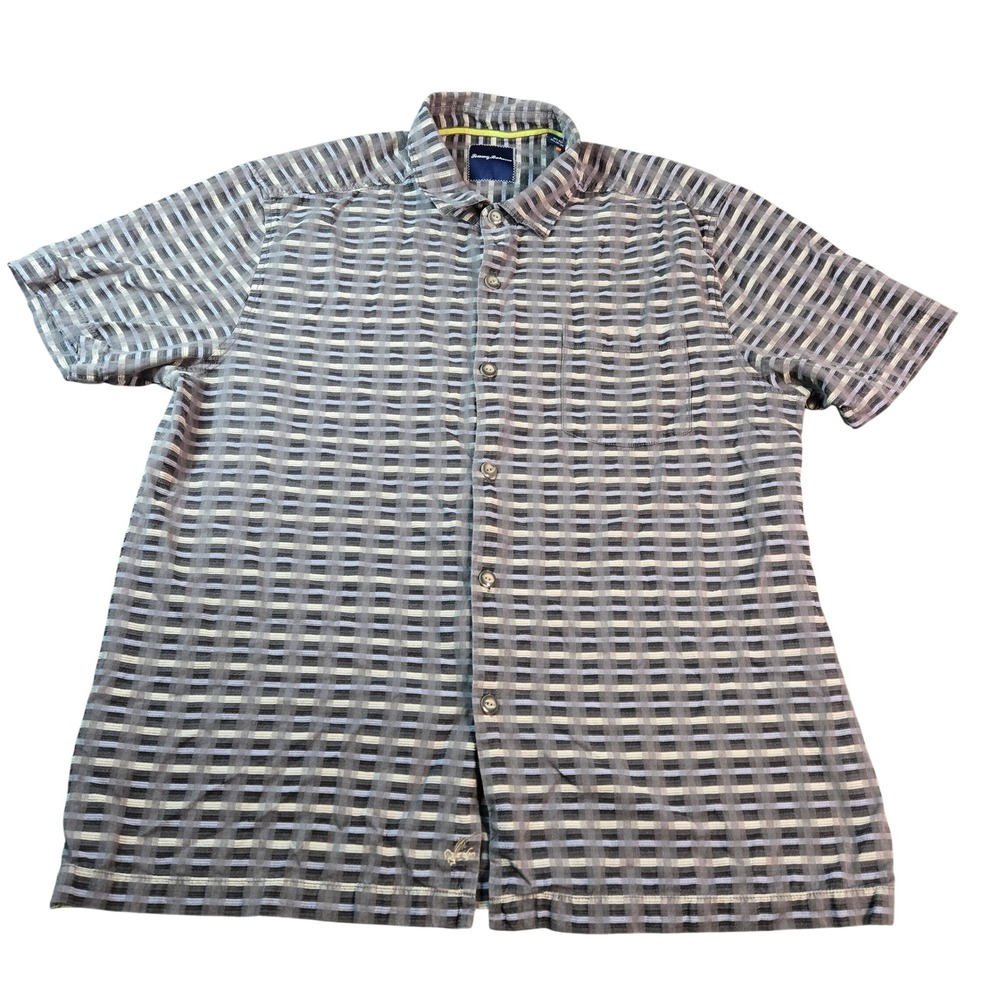 Tommy Bahama Mens XL Silk Cotton Short Sleeve Button Up Shirt Grey Stripe Pocket